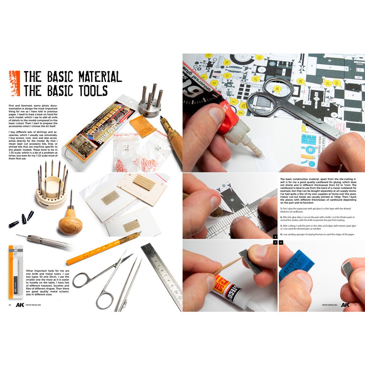 AK Interactive Paper Modelling Techniques book pages on basic materials and tools