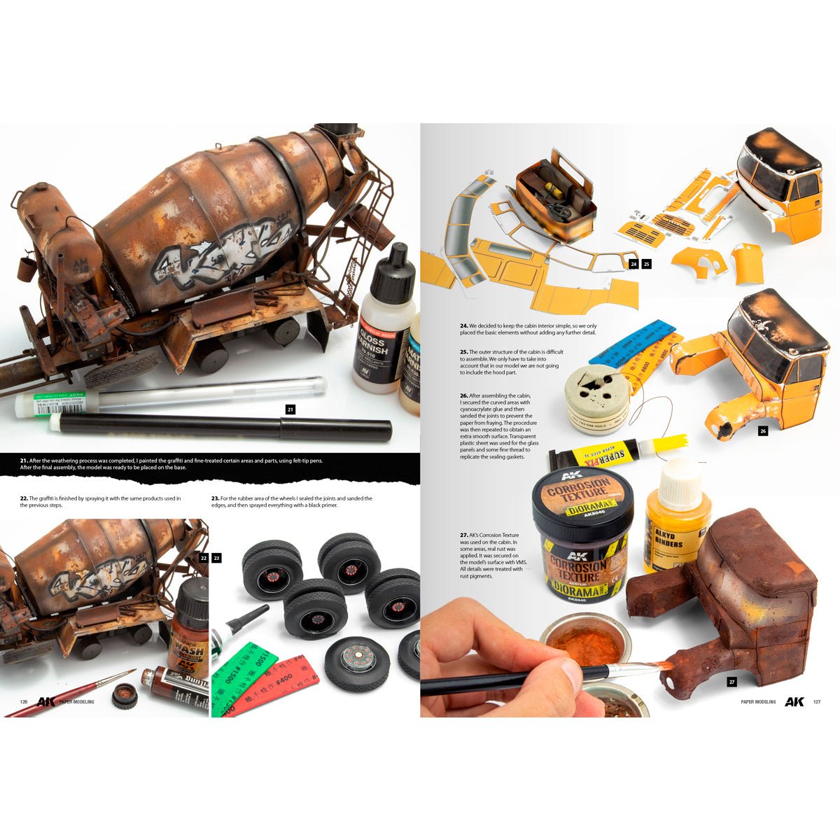Paper Modelling Techniques pages on painting a rusty card cement mixer truck