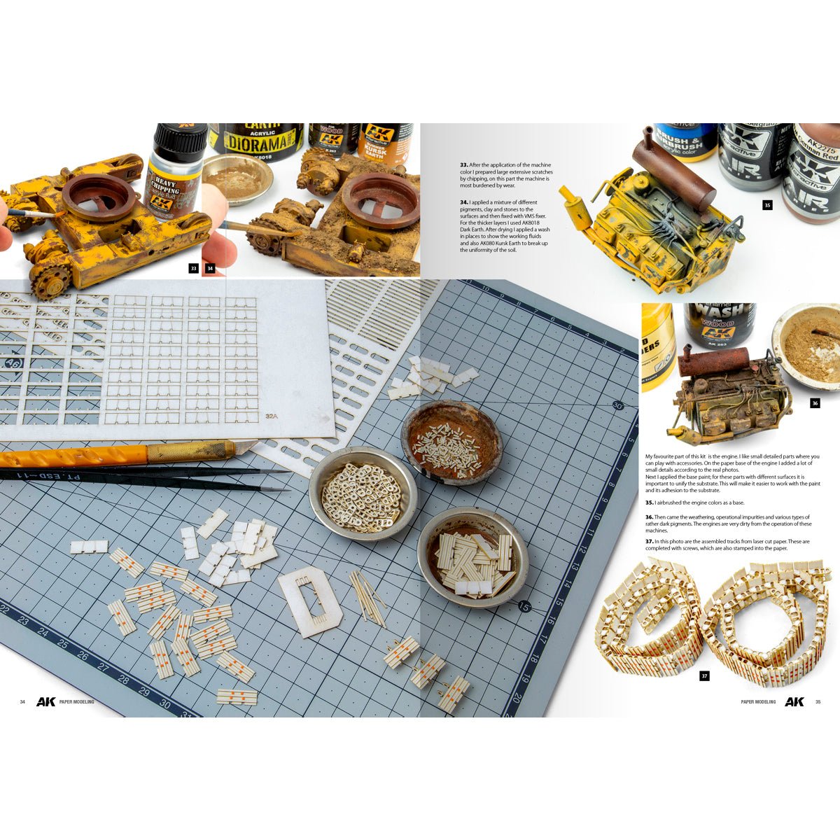 Paper Modelling Techniques pages showing card parts cut and assembled on a cutting mat