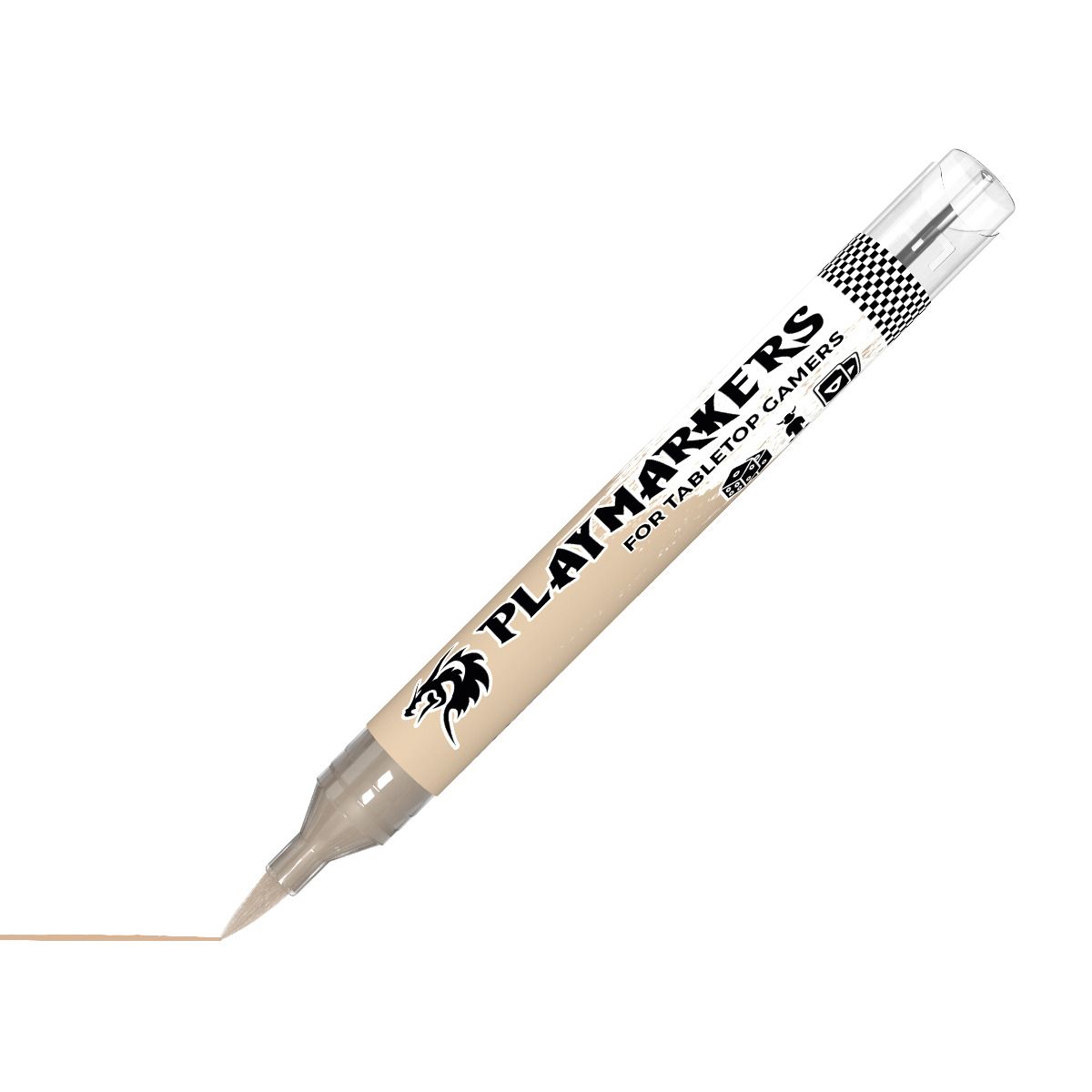 AK Interactive Playmarkers Dark Skin paint marker, uncapped with brush nib drawing a line