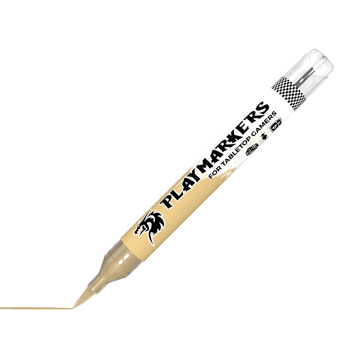 AK Interactive Playmarkers Desert Ochre paint marker, uncapped with brush nib drawing a line
