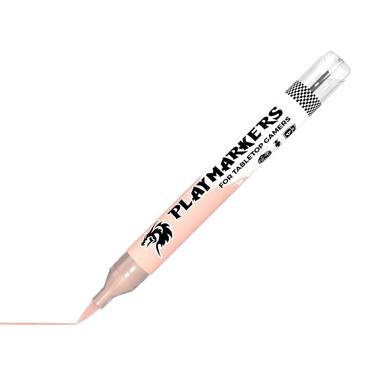AK Interactive Playmarkers Pink Skin paint marker, uncapped with brush nib drawing a line