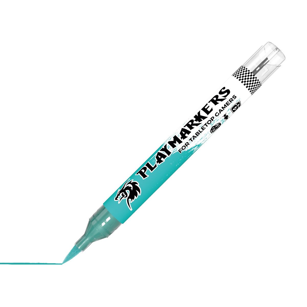 AK Interactive Playmarkers Turquoise paint marker, uncapped with brush nib drawing a line