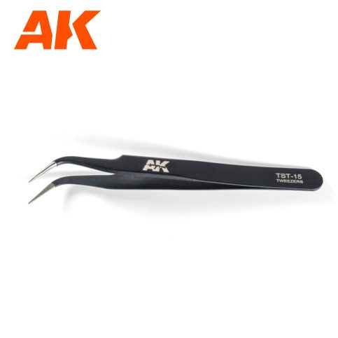 AK Interactive precise curved tweezers AK9007, full-length side view in black finish