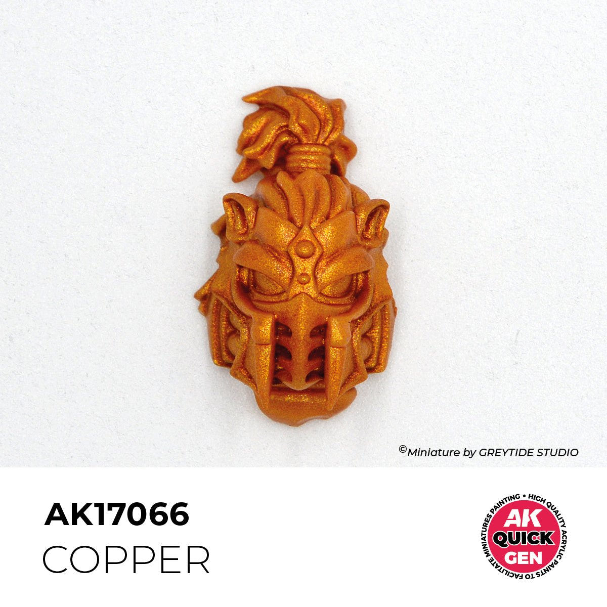 Sculpted helmeted head painted in AK Interactive Quick Gen Copper AK17066 with a bright metallic finish