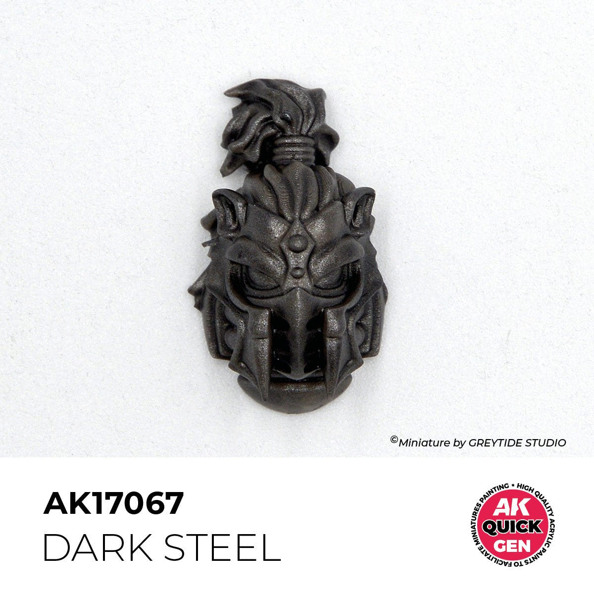 Sculpted warrior head painted with AK Interactive Quick Gen Dark Steel AK17067 in one dark metal coat