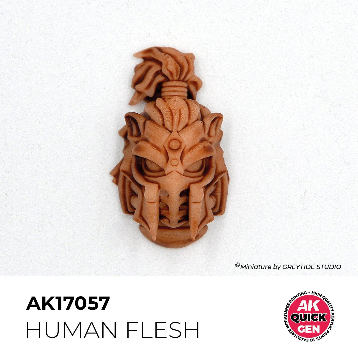 Helmeted fantasy head painted in one coat of AK Interactive Quick Gen Human Flesh AK17057