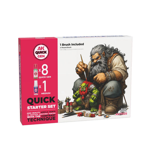 AK Quick Gen contrast paint Quick Starter Set & Brush 18ml dropper bottle
