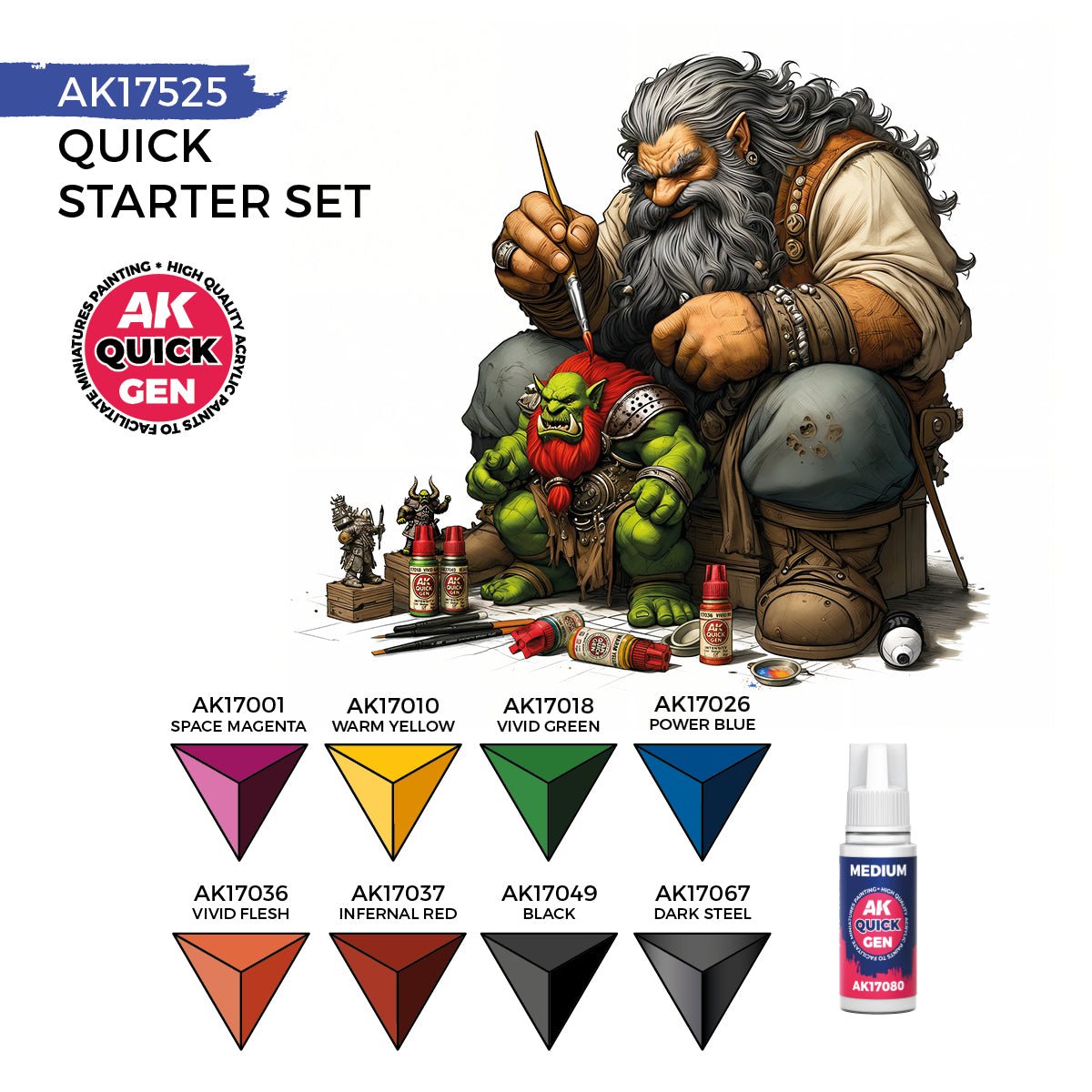 AK Quick Gen Quick Starter Set colour guide showing all eight paints and medium