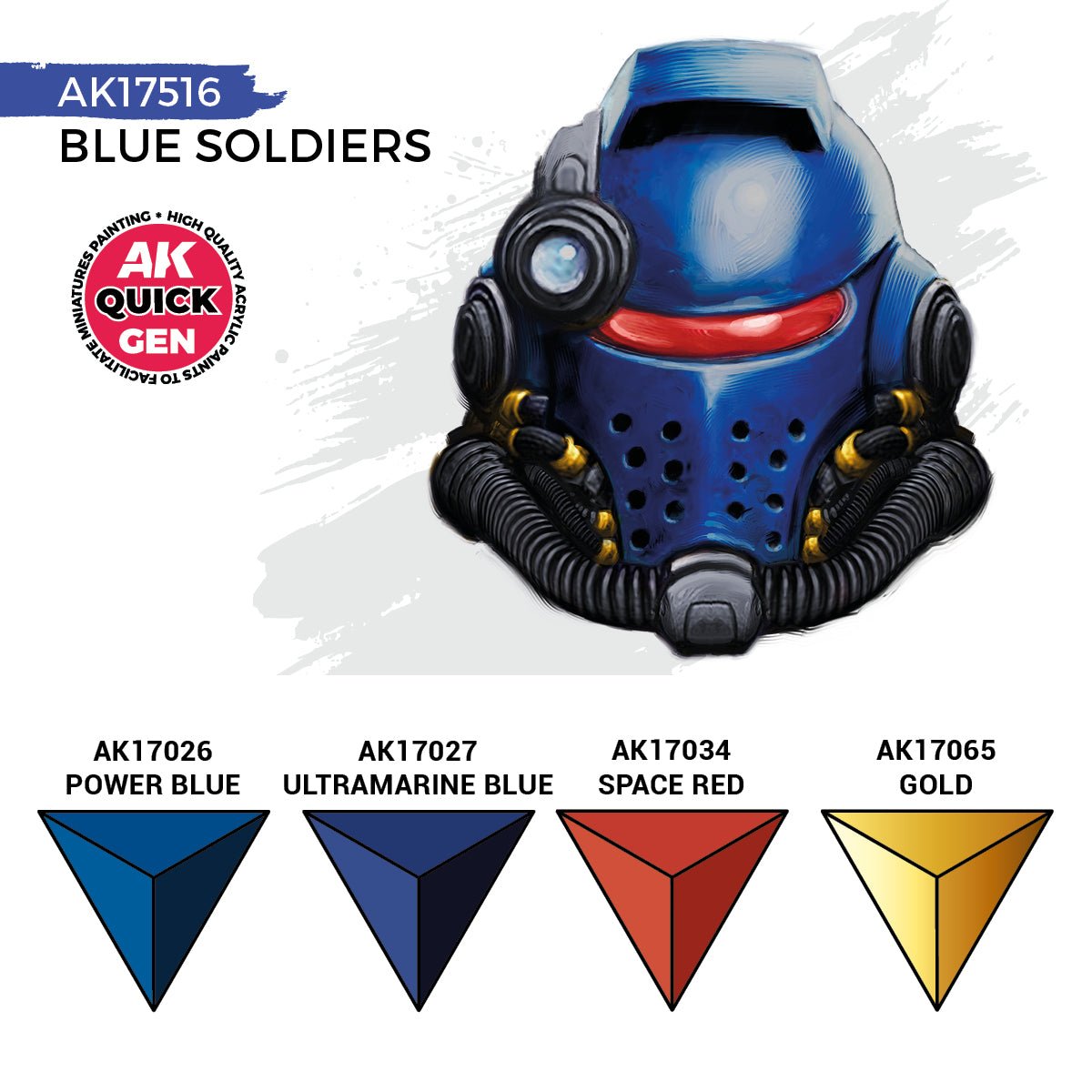 AK Interactive Quick Gen Blue Soldiers set colour chart, Power Blue, Ultramarine Blue, Space Red and Gold