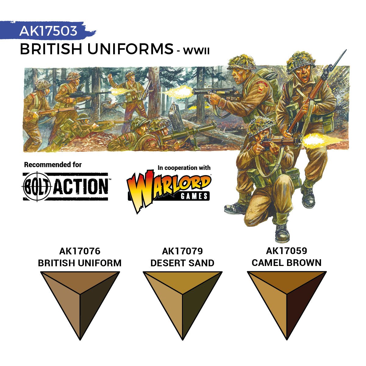 AK Interactive British Uniforms WWII guide with Bolt Action figures and three colour swatches