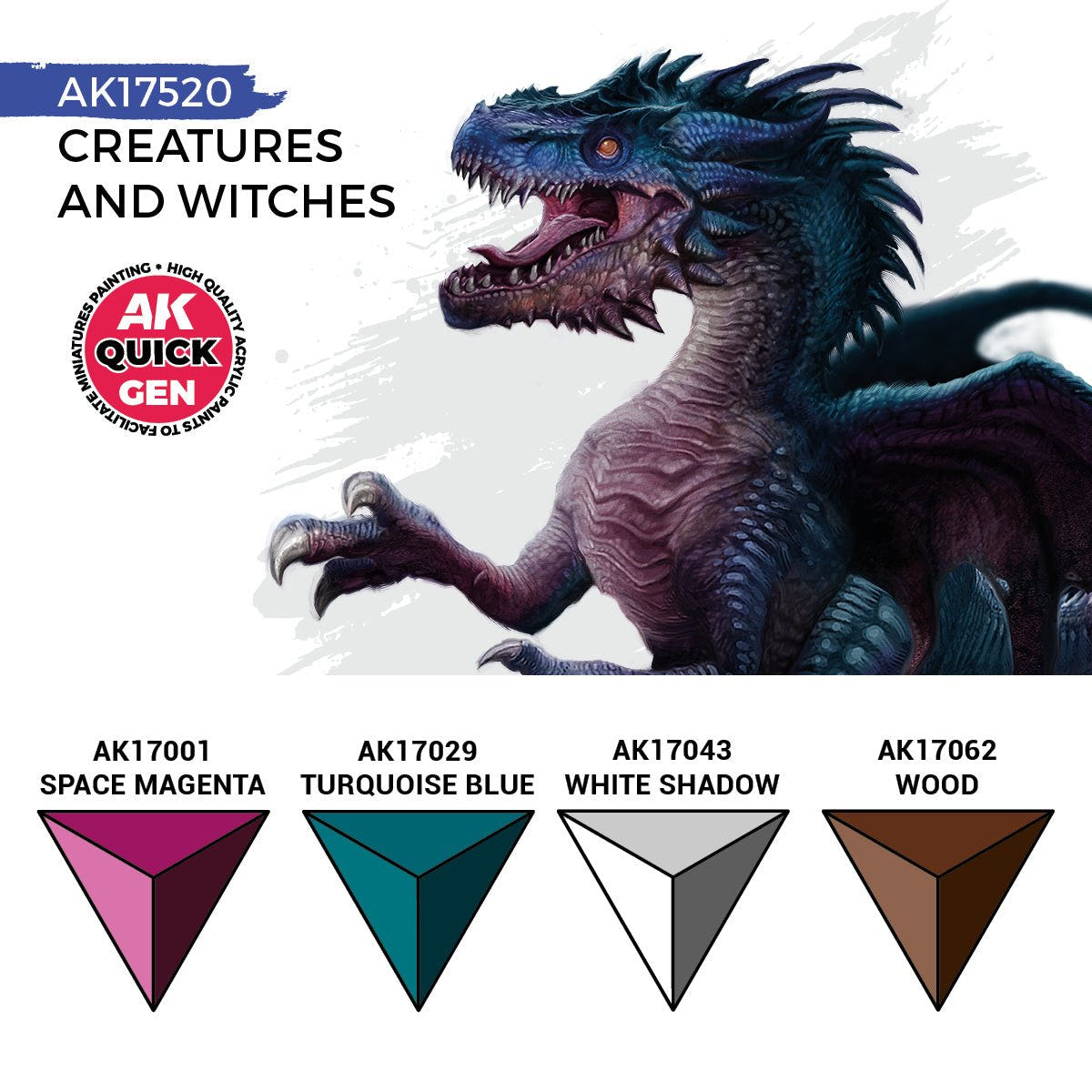 AK Quick Gen Creatures and Witches colour chart: Space Magenta, Turquoise Blue, White Shadow and Wood with dragon