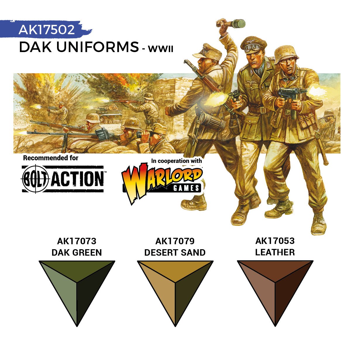 AK Interactive DAK Uniforms card with painted Afrika Korps figures and Dak Green, Desert Sand, Leather swatches