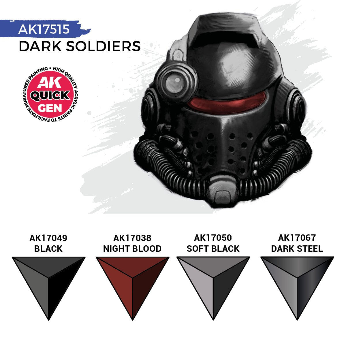 AK Quick Gen Dark Soldiers colour guide: Black, Night Blood, Soft Black and Dark Steel swatches