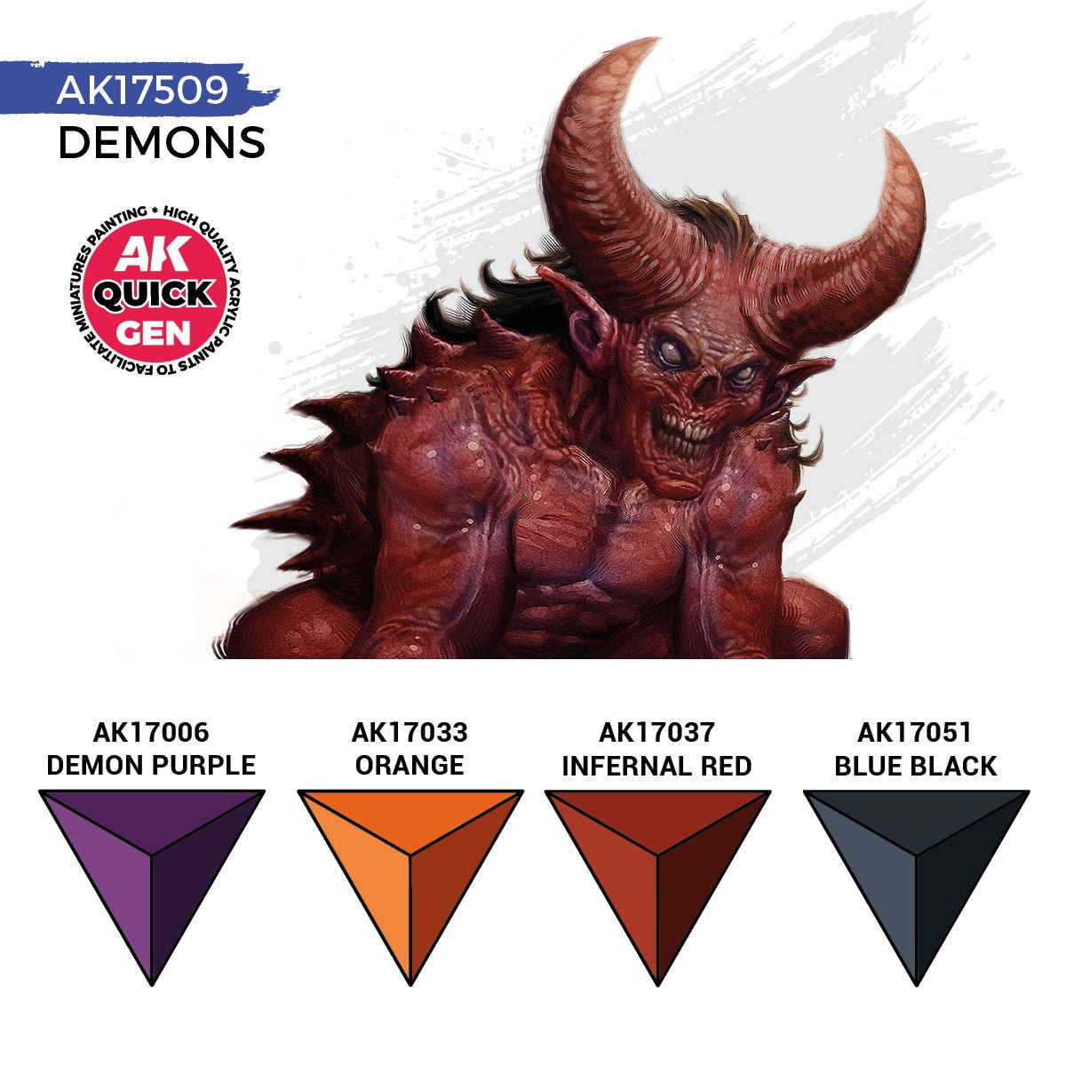 AK Quick Gen Demons colour chart: Demon Purple, Orange, Infernal Red and Blue Black with painted demon