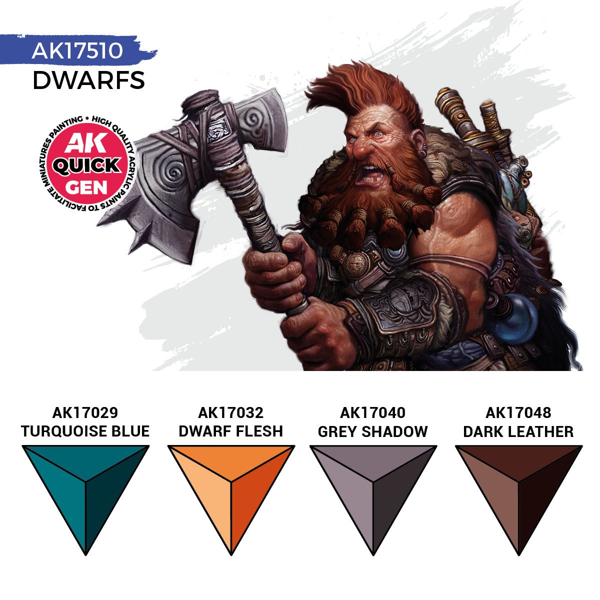 AK Interactive Quick Gen Dwarfs artwork with Turquoise Blue, Dwarf Flesh, Grey Shadow and Dark Leather swatches