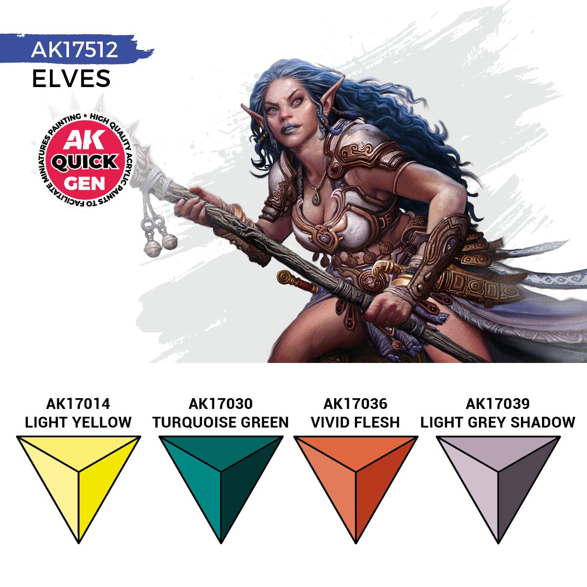 AK Quick Gen Elves set colours: Light Yellow, Turquoise Green, Vivid Flesh and Light Grey Shadow