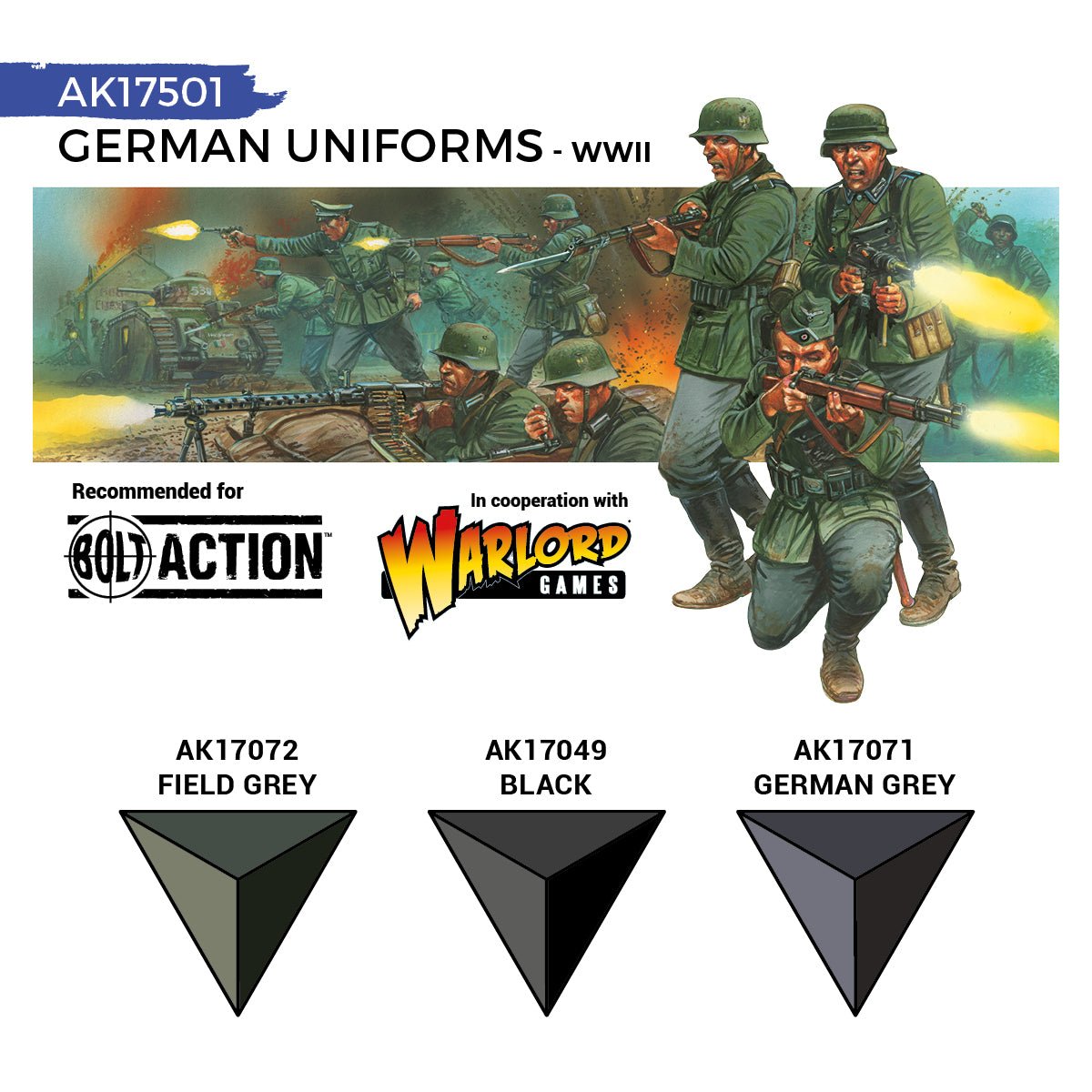 AK Quick Gen German Uniforms colours: Field Grey, Black and German Grey, with painted Bolt Action troops