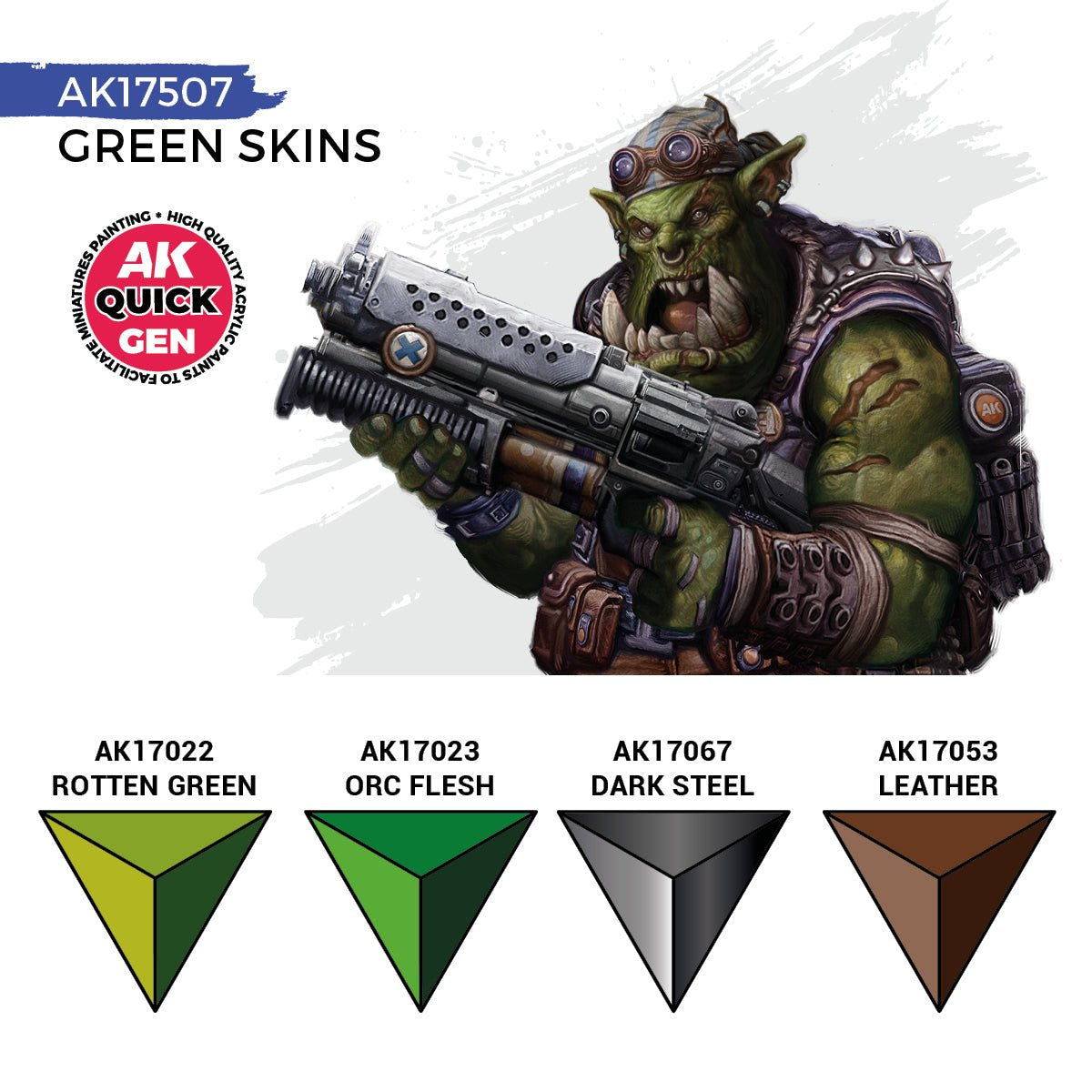 AK Quick Gen Green Skins colours: Rotten Green, Orc Flesh, Dark Steel and Leather, with painted orc
