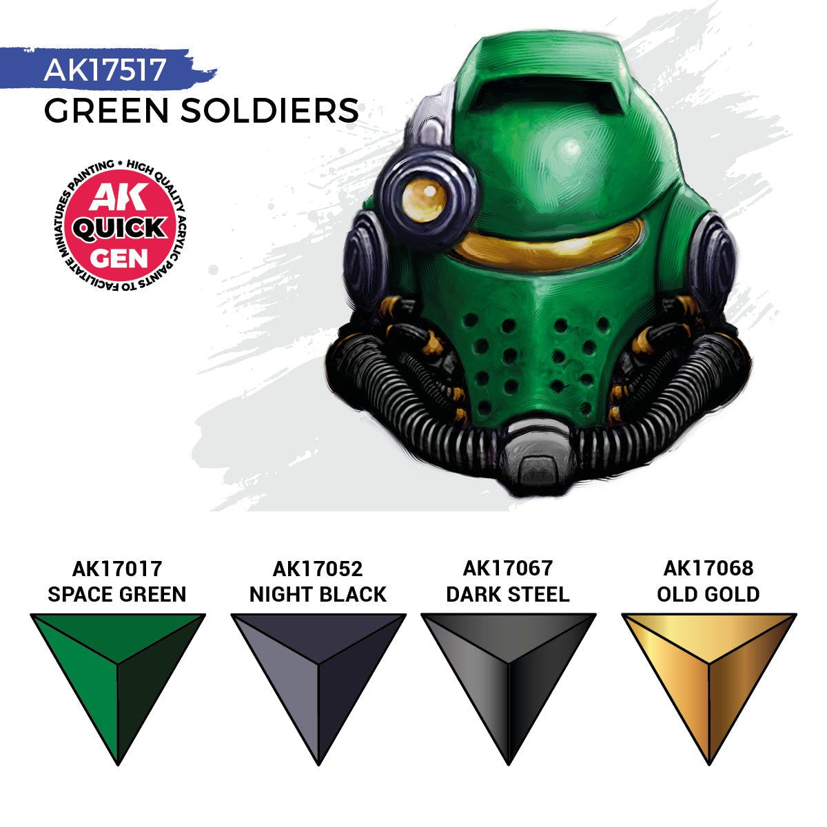 AK Quick Gen Green Soldiers colour chart: Space Green, Night Black, Dark Steel and Old Gold with painted green helmet