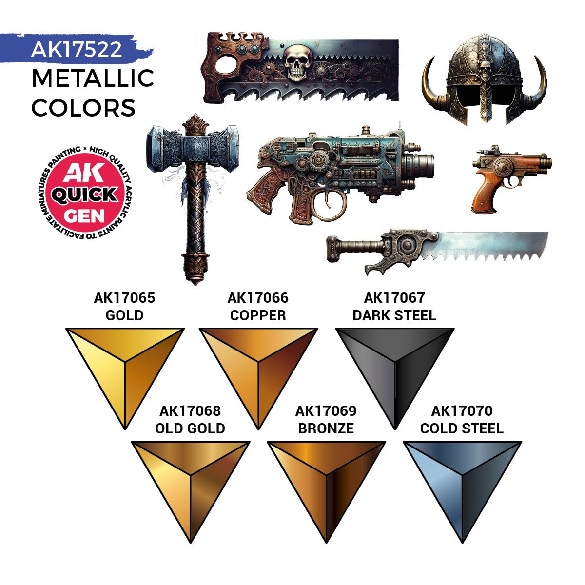 AK Interactive Quick Gen Metallics colour chart: gold, copper, dark steel, old gold, bronze, cold steel