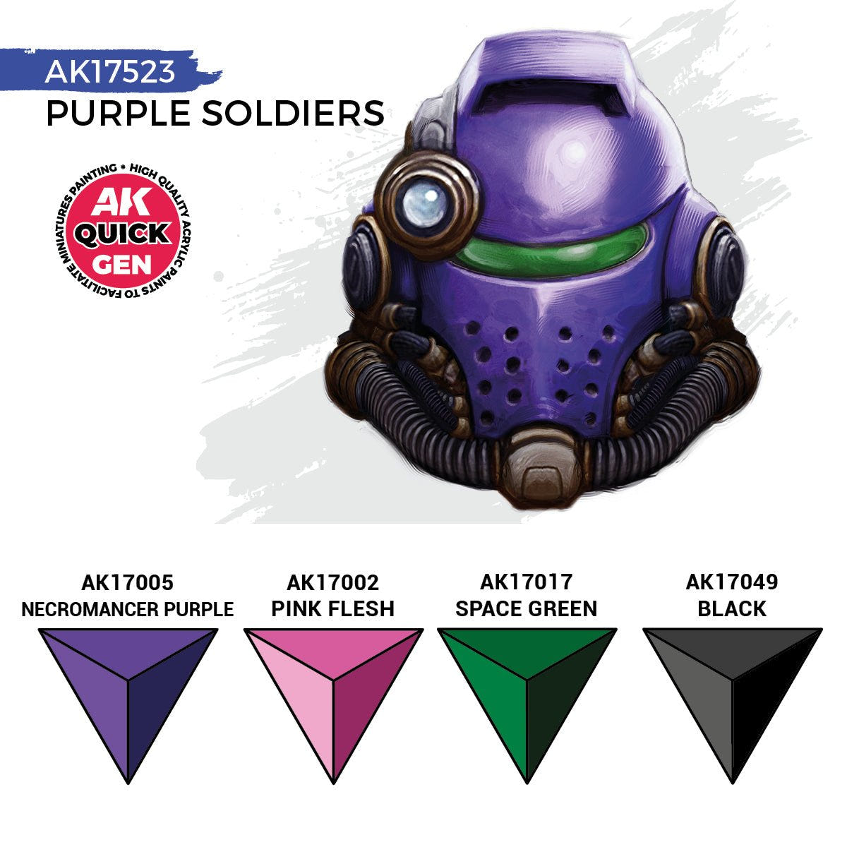 AK Interactive Quick Gen Purple Soldiers set colour chart, Necromancer Purple, Pink Flesh, Space Green, Black