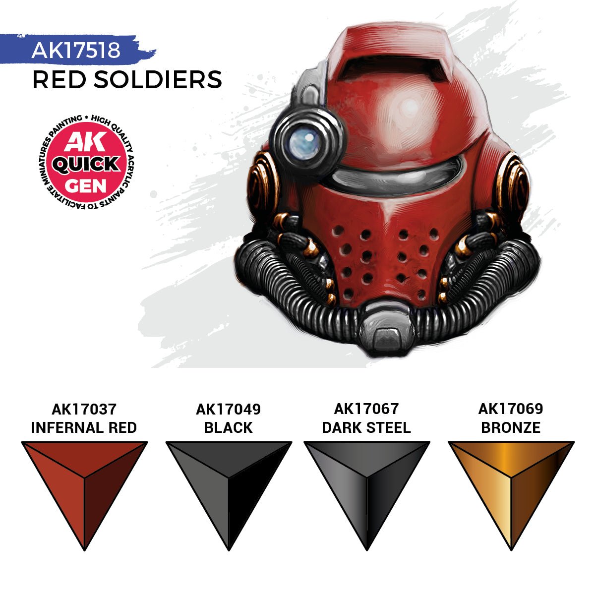 AK Quick Gen Red Soldiers colour chart: Infernal Red, Black, Dark Steel and Bronze beside a painted red helmet