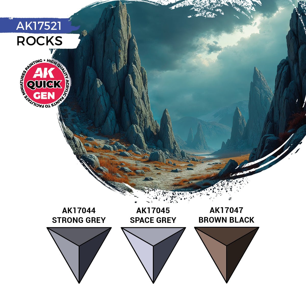 AK Quick Gen Rocks colour guide with Strong Grey, Space Grey and Brown Black swatches