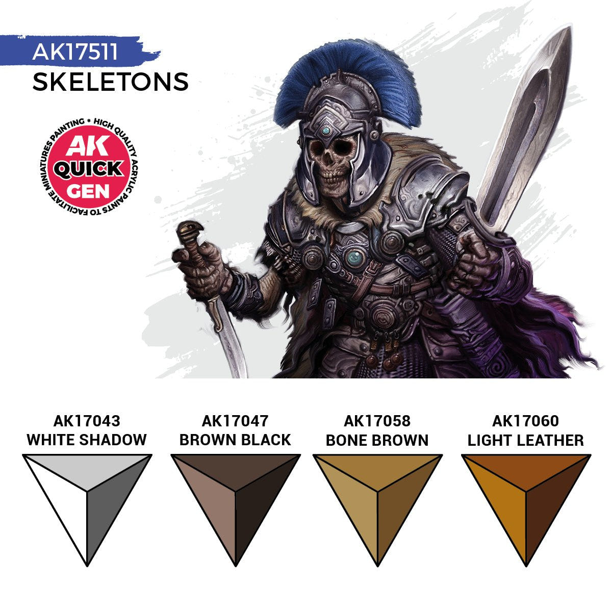 AK Interactive Quick Gen Skeletons artwork with White Shadow, Brown Black, Bone Brown and Light Leather swatches