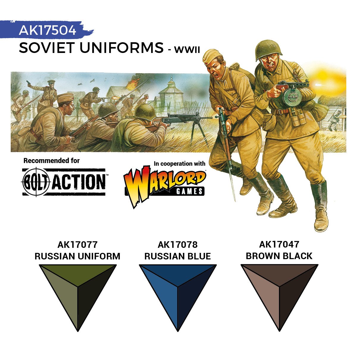 AK Interactive AK17504 Soviet Uniforms colours: Russian Uniform, Russian Blue and Brown Black swatches