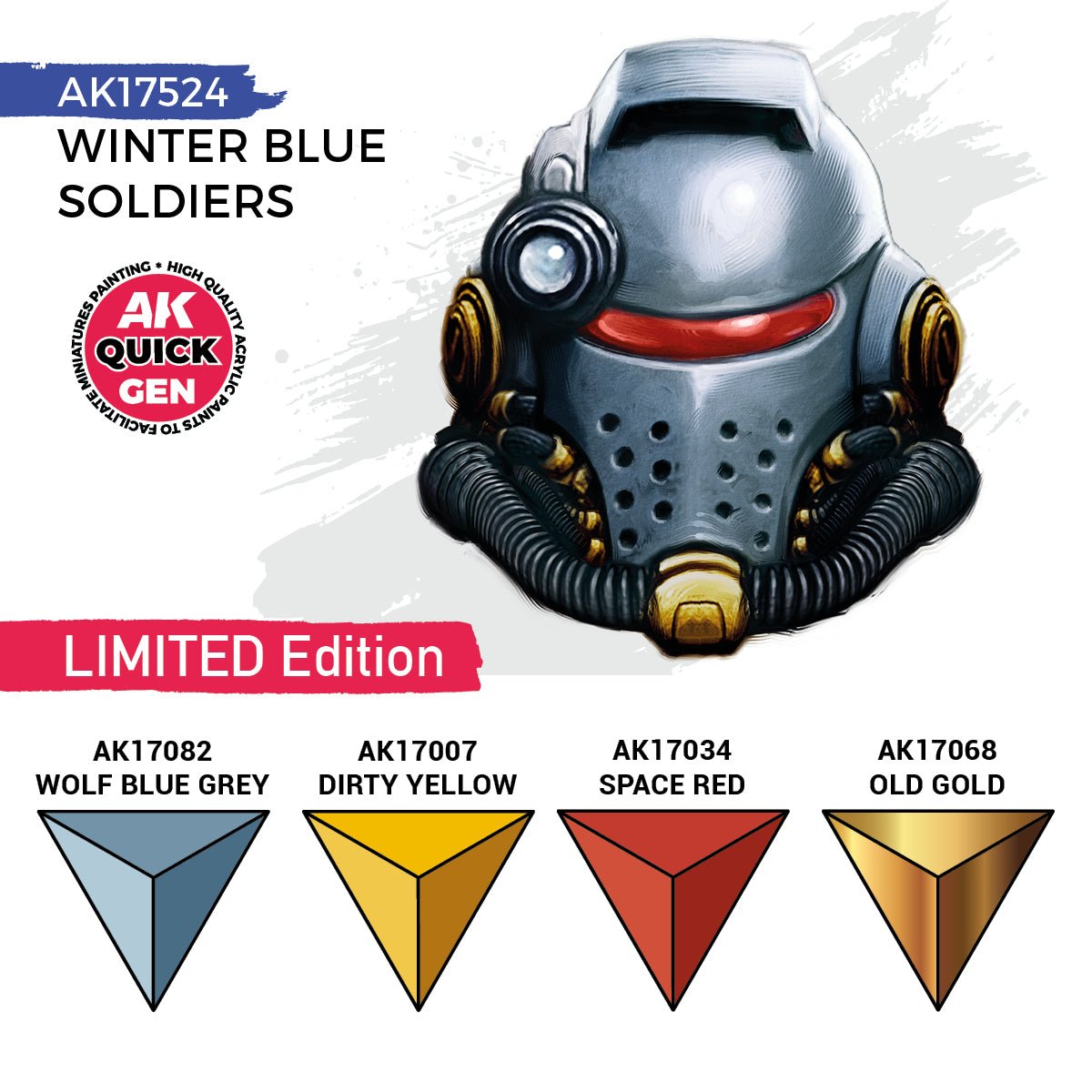 AK Interactive Quick Gen Winter Blue Soldiers artwork with Wolf Blue Grey, Dirty Yellow, Space Red and Old Gold swatches