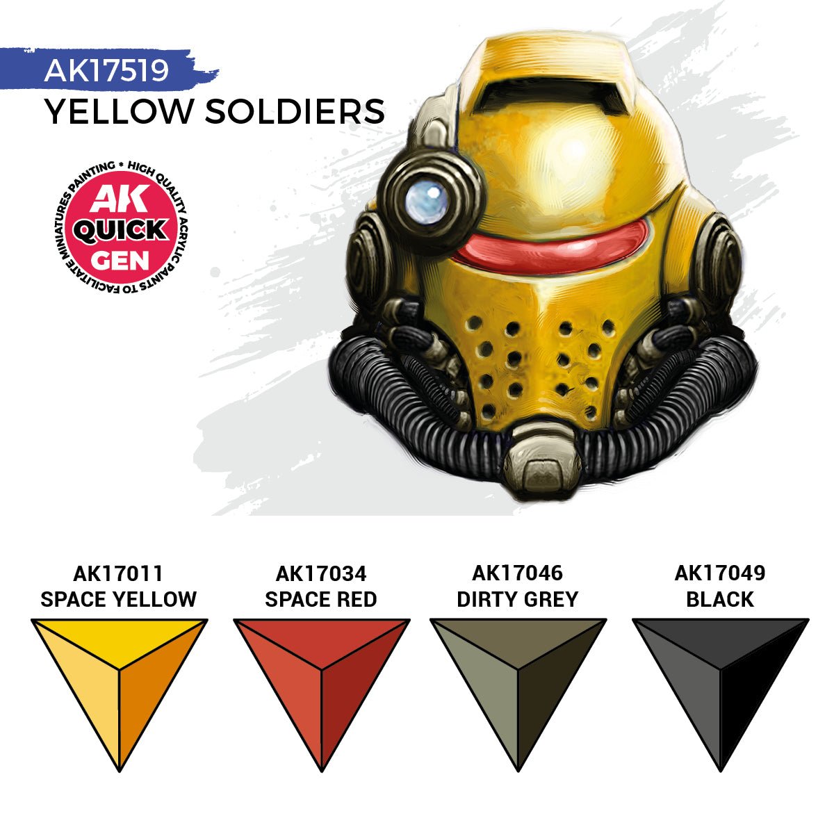 AK Quick Gen Yellow Soldiers colour chart: Space Yellow, Space Red, Dirty Grey and Black with painted yellow helmet
