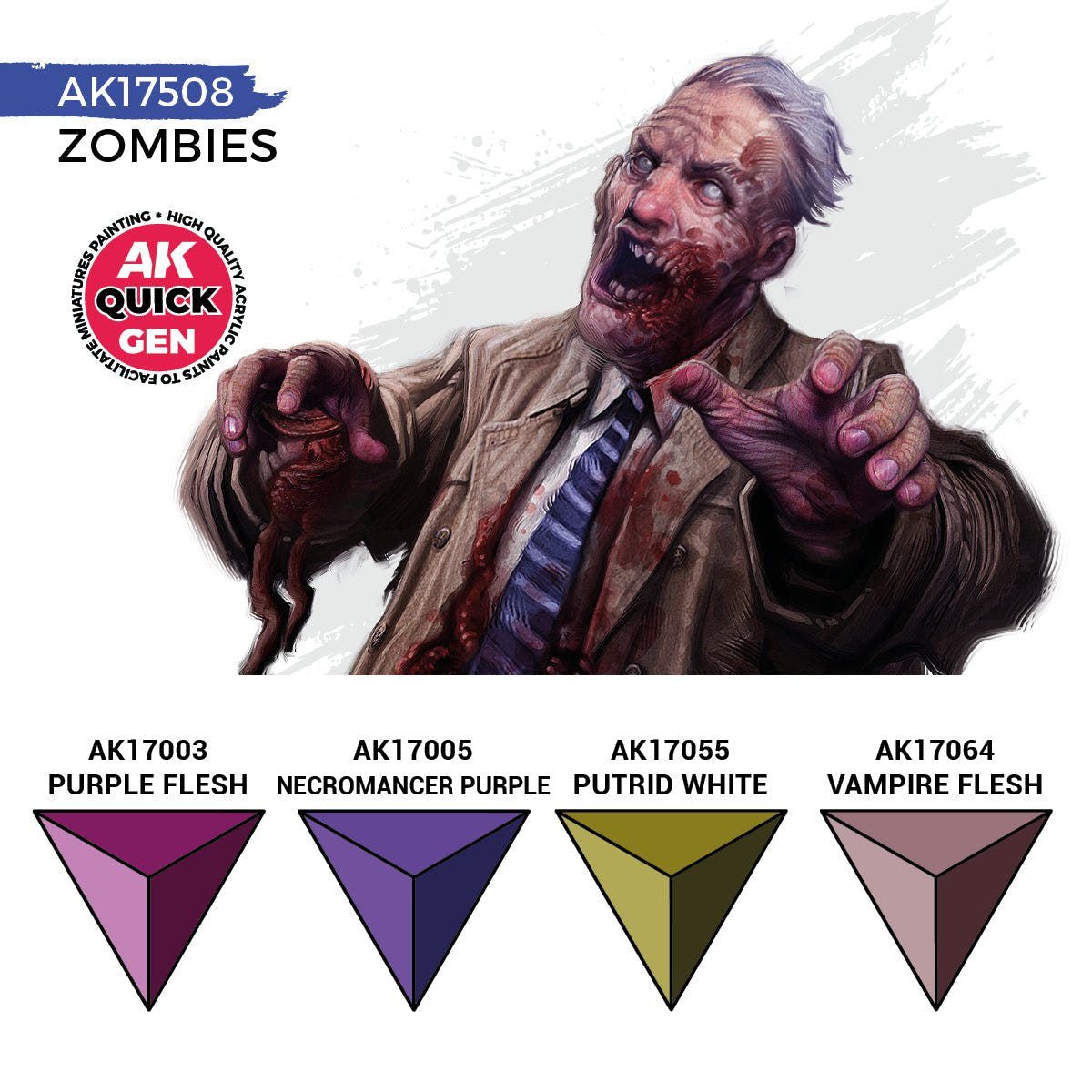 AK Interactive Quick Gen Zombies set colour chart, Purple Flesh, Necromancer Purple, Putrid White, Vampire Flesh
