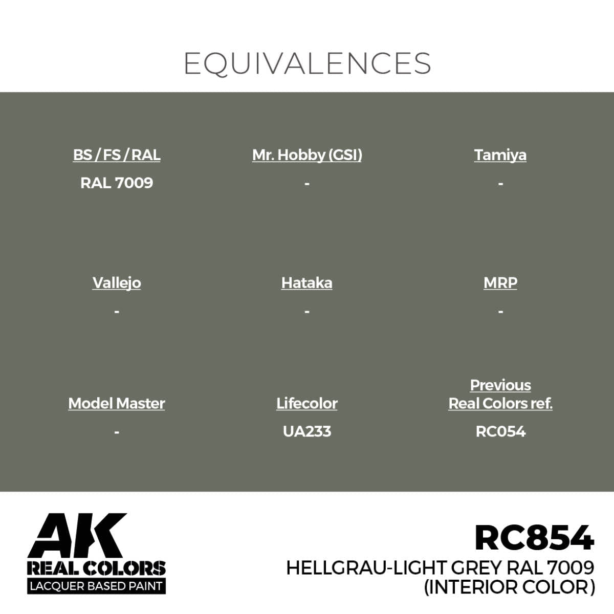 AK Real Colors Hellgrau-Light Grey RAL 7009 (Interior Color) (RC854) paint equivalence chart for other brands
