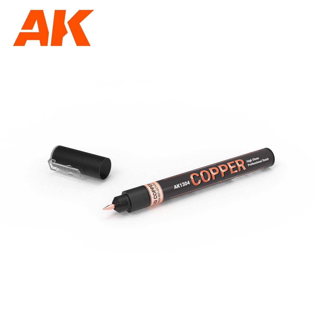 AK Interactive Real Colors copper metallic paint marker with cap off, from the AK1300 Metallic Markers set