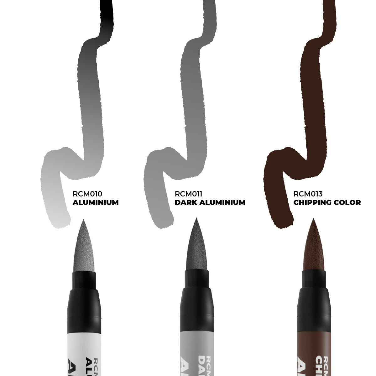 AK Real Colors Markers Chipping Set: Aluminium, Dark Aluminium and Chipping Color pens with swatches