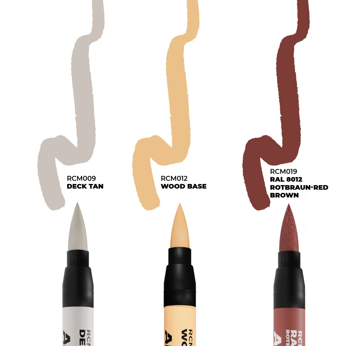 AK Interactive Real Colors Ships & Decks markers: Deck Tan, Wood Base and Red Brown strokes