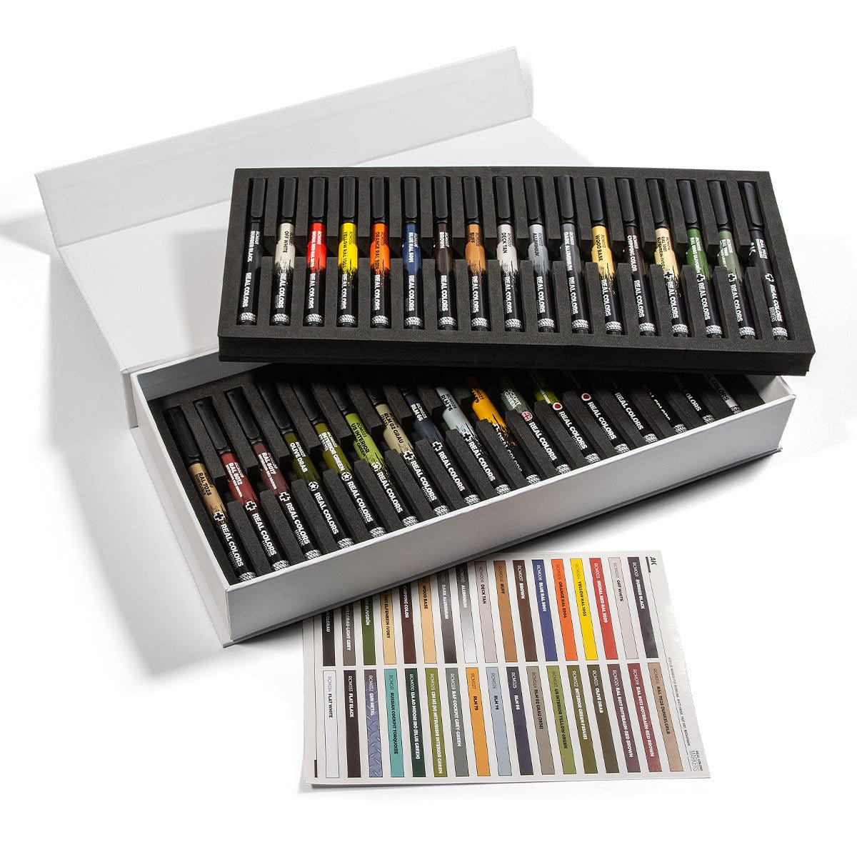 AK Interactive Real Colors Markers Special Box with both marker trays lifted and colour card
