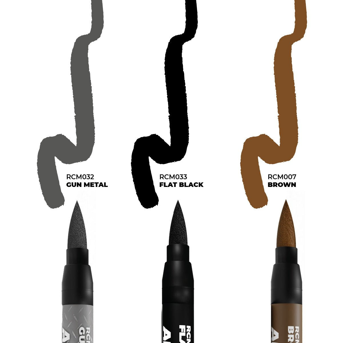 AK Interactive Real Colors Weapons Set markers with Gun Metal, Flat Black and Brown ink swatches