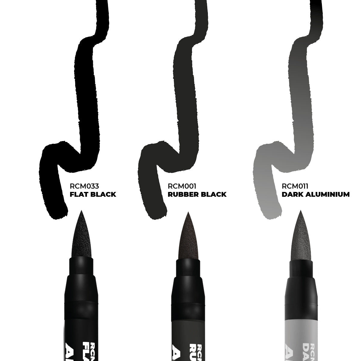 AK Interactive Real Colors Markers Wheels Set: Flat Black, Rubber Black and Dark Aluminium with swatches