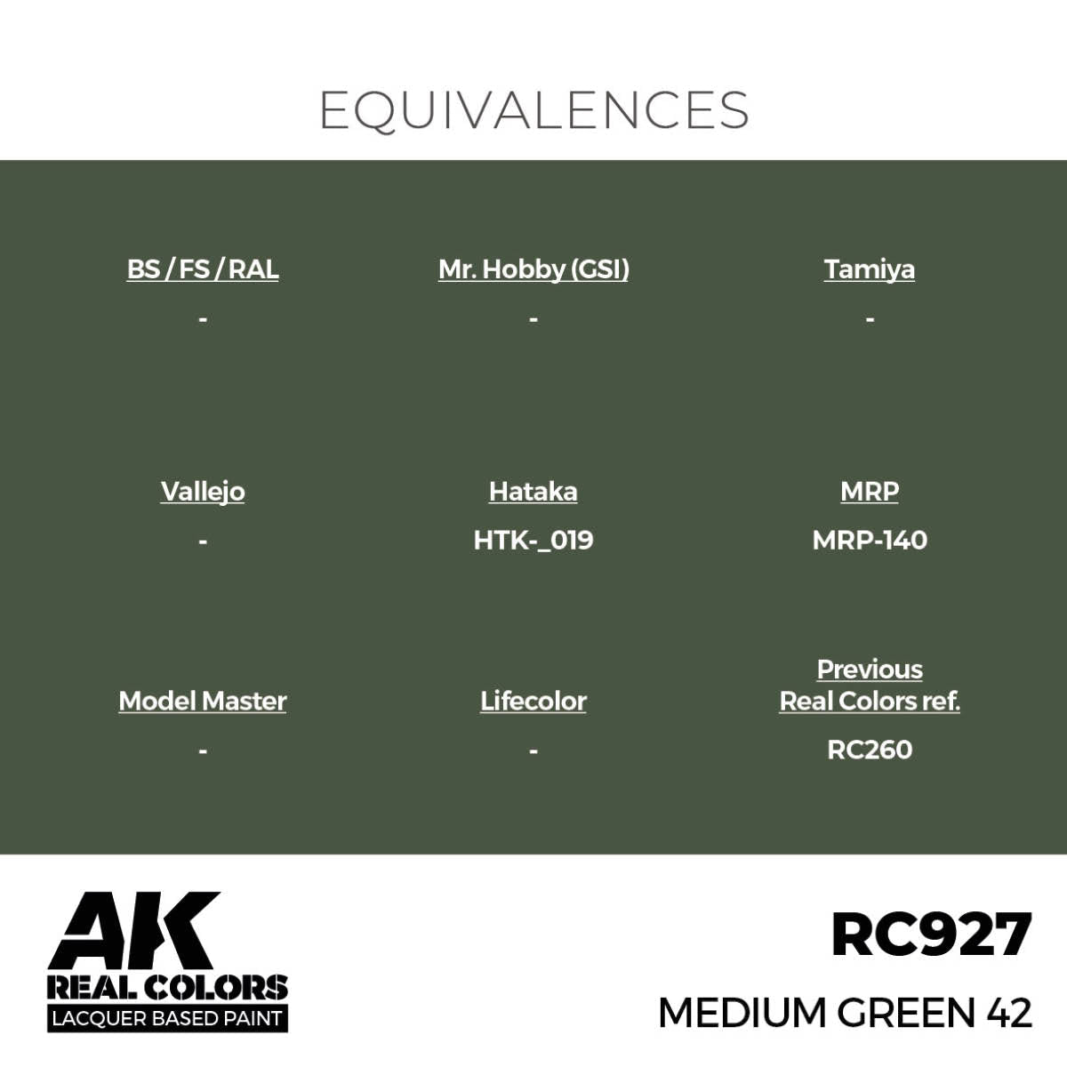 AK Interactive Real Colors Medium Green 42 (RC927) equivalence chart for Vallejo, Tamiya, Mr. Hobby and more