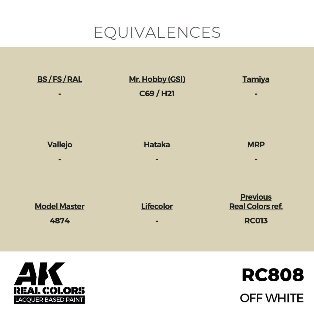 AK Interactive Real Colors Off White RC808 equivalence chart for other paint brands