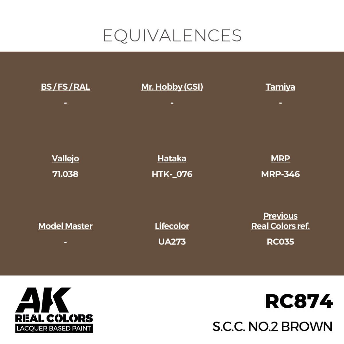 AK Real Colors S.C.C. No.2 Brown RC874 equivalence chart listing Vallejo 71.038 and MRP-346