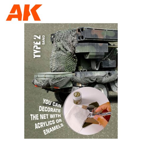 AK Interactive mimetic camouflage net draped over a model truck, with a hand painting the netting