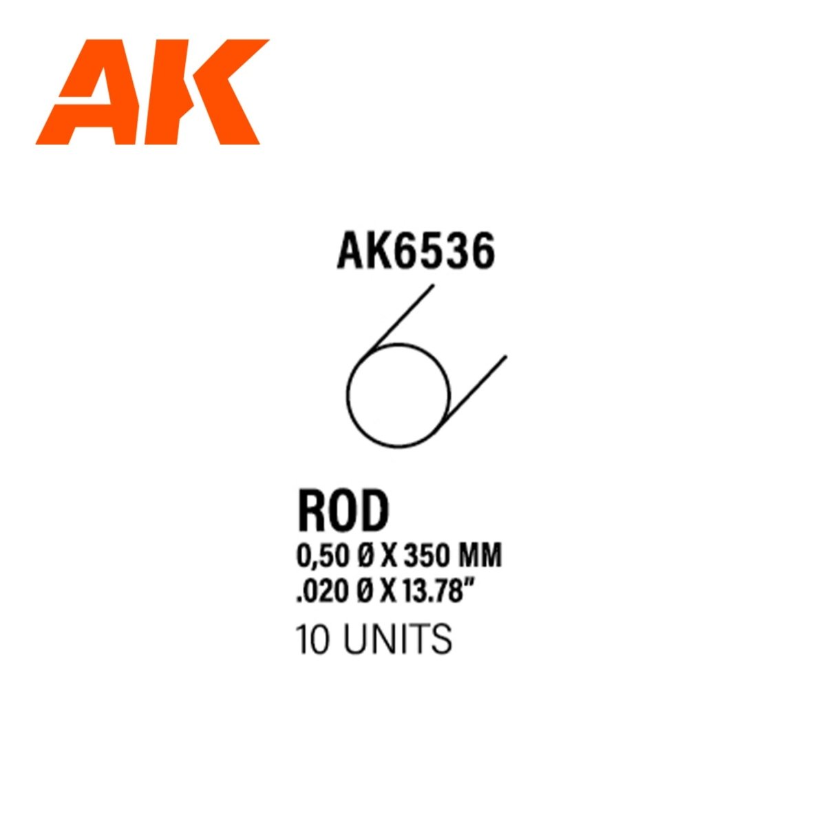 AK Interactive AK6536 styrene rod label: 0.5mm diameter x 350mm, 10 units