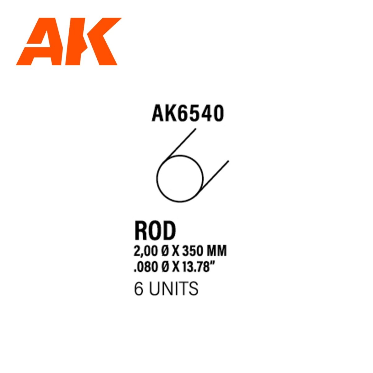 AK Interactive AK6540 styrene rod label: 2.00mm diameter x 350mm, 6 units