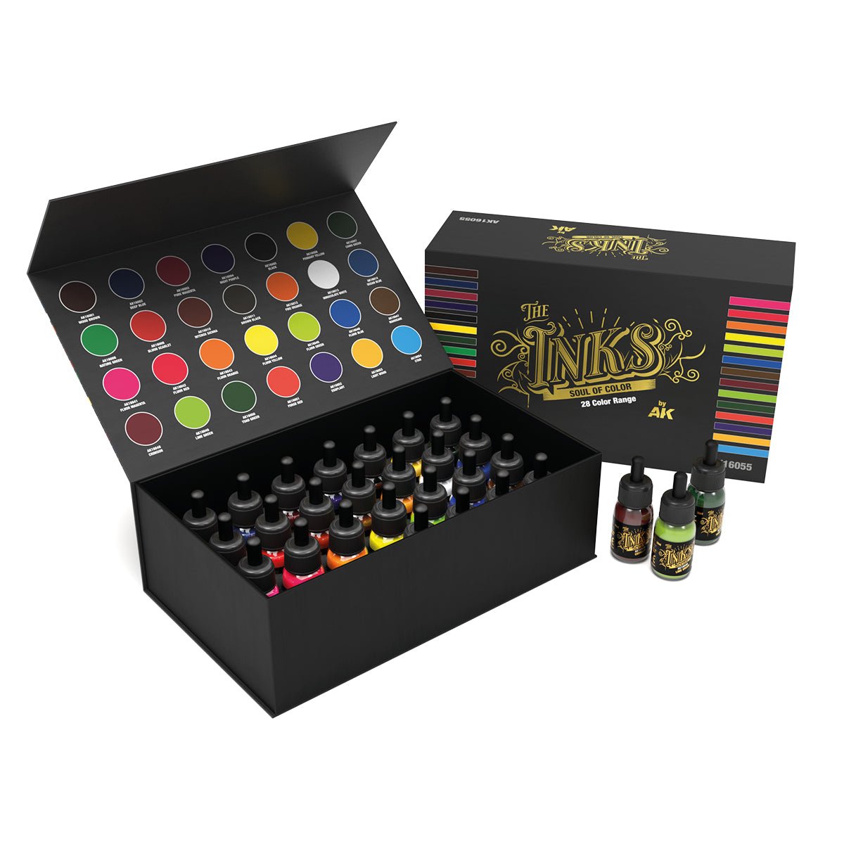 AK Interactive The Inks box opened, showing 28 ink bottles and the colour chart lid