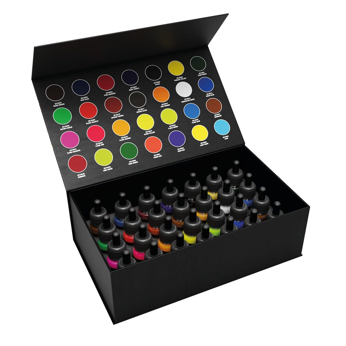 AK Interactive The Inks Special Box open with all 28 dropper bottles and colour swatches