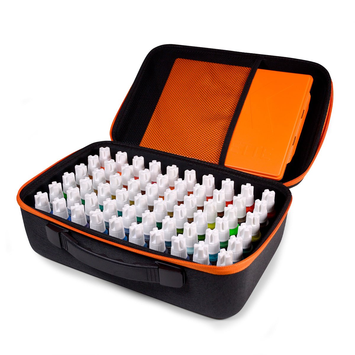 AK Interactive paint transport case packed with dropper bottles, lid pocket open