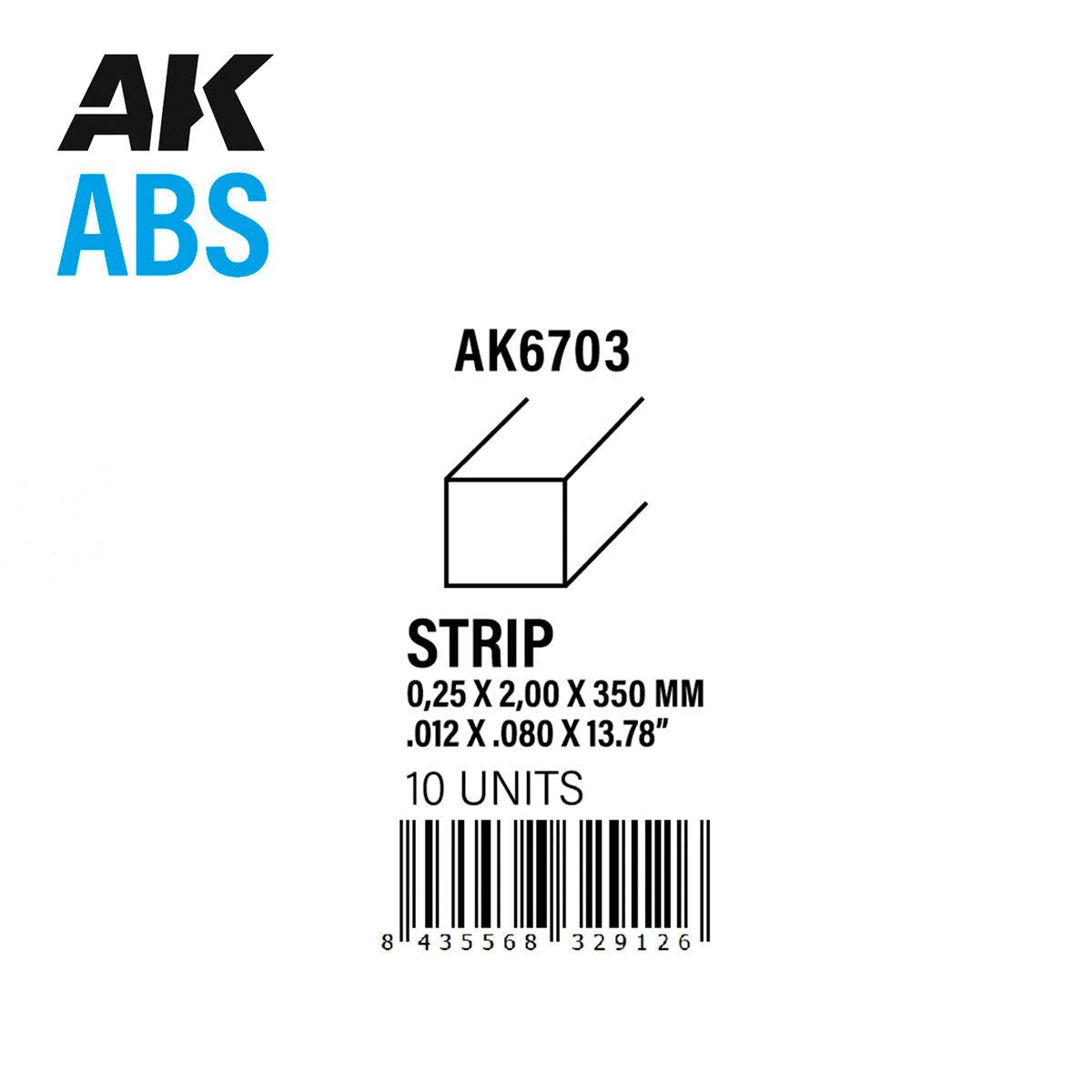AK Interactive AK6703 ABS strip diagram, 0.25 x 2.00 x 350mm flat section, pack of 10 units
